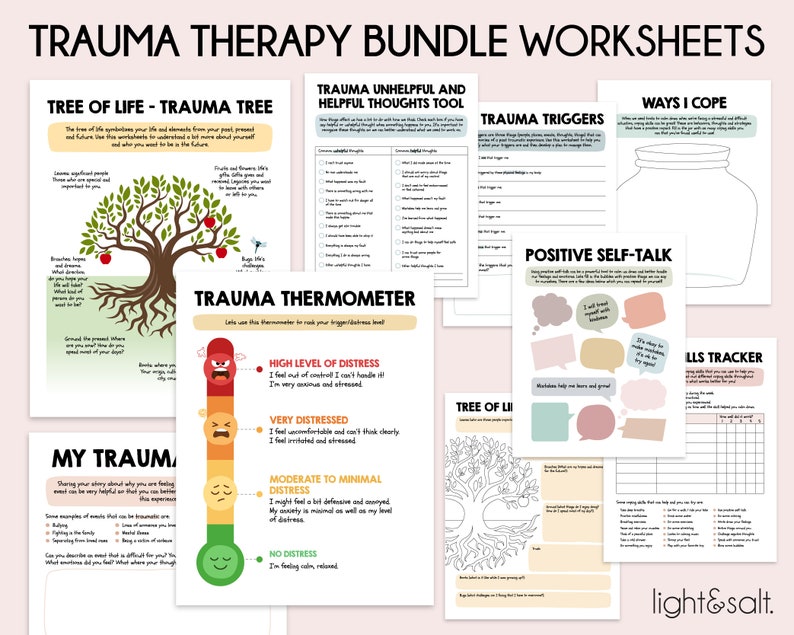May include: A set of printable worksheets for trauma therapy. The worksheets include a trauma tree, a trauma thermometer, a list of trauma triggers, a list of coping mechanisms, and a positive self-talk exercise. The worksheets are designed to help people process and manage trauma.