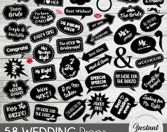 May include: A set of 58 black and white wedding photo booth props with various sayings and designs. The props are printed on cardstock and have a white border. The props include sayings like "Team Groom", "I'm here for the cake", "The Dancing Queen", "Best Man", "I caught the bouquet", and "Best Wedding Ever!"