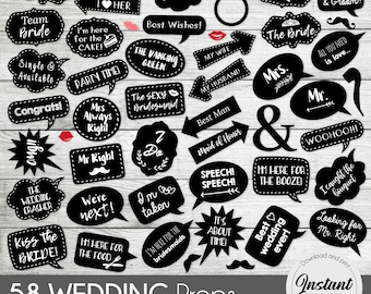 Wedding Photo Booth Props signs and Decorations, Black with White Writing Wedding Props, Chalkboard wedding signs, Over 50 wedding signs