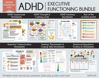 ADHD, Executive functioning worksheet bundle for kids, self regulation, coping skills, ADHD skills, anxiety, therapy tools, ADHD iceberg