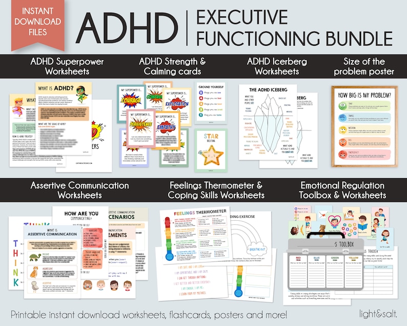 May include: A printable bundle of worksheets, flashcards, and posters for helping children with ADHD. The bundle includes resources for executive functioning, emotional regulation, and coping skills. The resources feature colorful illustrations and engaging activities.