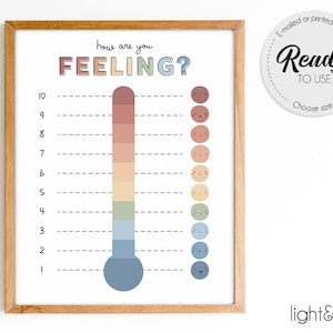Rainbow feelings chart, Emotions print, Feelings thermometer, therapy office decor, Zones of regulation, Montessori, rainbow classroom decor