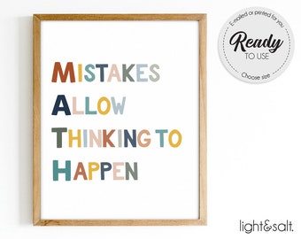 Mistakes Allow Thinking To Happen Print, Boho Math Classroom Print, Math Printable wall art, Boho classroom decor, It's ok to make mistakes