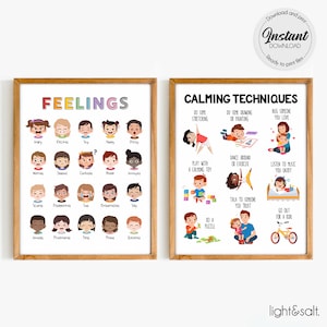 Set of 2 Feelings Poster, Emotions Chart for Kids, Calming Techniques, Calming Corner, Feelings Thermometer, Therapy office decor, Playroom