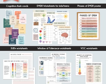 Puede incluir: Un paquete digital imprimible de hojas de trabajo de EMDR para niños y adolescentes. El paquete incluye hojas de trabajo para SUD, Ventana de Tolerancia y VOC, así como tarjetas de memoria y un póster. Las hojas de trabajo están diseñadas para ayudar a los niños y adolescentes a aprender sobre EMDR y cómo usarlo para procesar experiencias traumáticas.