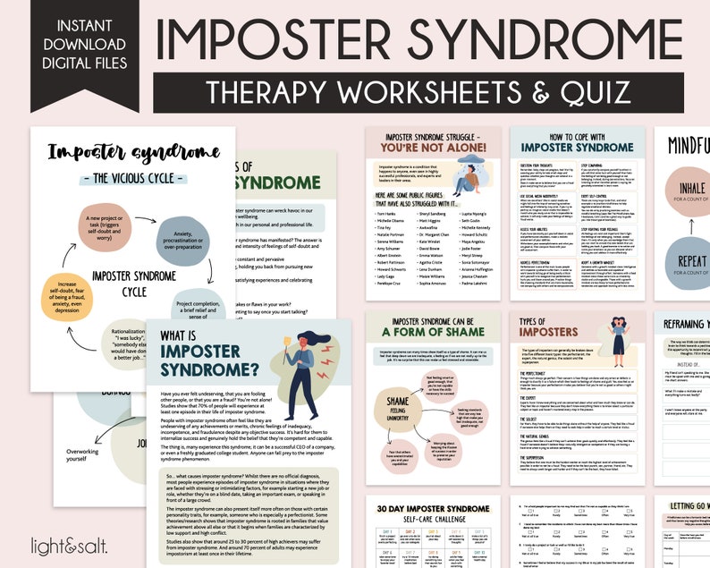 May include: A set of printable worksheets and a quiz about imposter syndrome. The worksheets include a vicious cycle diagram, a list of famous people who have struggled with imposter syndrome, and tips on how to cope with imposter syndrome. The quiz asks questions about the symptoms of imposter syndrome.