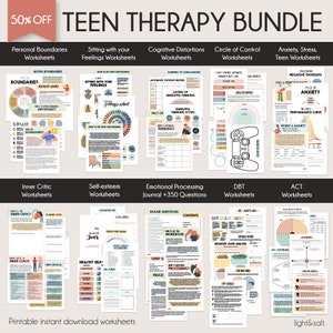 Teen Therapy Mega Worksheet Bundle, 50% off, Teenager Coping skills, anxiety worksheets, self esteem, DBT, BPD, EMDR, cbt, adhd, psychology
