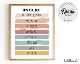 It&#39;s okay to make mistakes, it&#39;s ok, Therapy poster, Therapy office decor, Feelings poster, School counselor sign, school psychologist, boho
