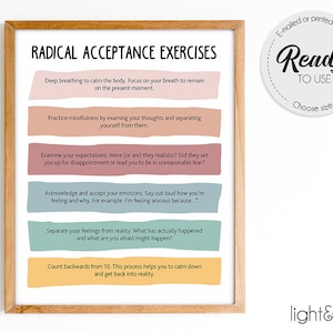 Pôster de exercícios de aceitação radical, pôster DBT, Distorções cognitivas, decoração de escritório de conselheiro, consultório de terapeuta, psicólogo escolar, CBT