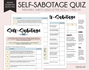 Zelfsabotagequiz, zelfsabotagequiz, therapiewerkbladen, zelfliefdedagboek, werkblad zelfvertrouwen, zelfsabotagewerkboek, zelfhulp