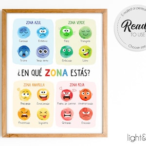 Spanish Zones of regulation poster, las zonas de regulación, Feelings poster, Mental health poster, School Counselor, Therapy office decor