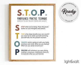 STOP technique, Stress and Anxiety relief, Mental health poster, Feelings poster, Zones of regulation, therapist office decor, Calm down
