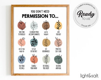 You don't need permission to, Boundaries setting, Boundaries poster, CBT poster, Coping Skills, Mental health poster, Therapy office decor