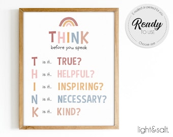 Think before you speak poster, Rules Printable, Motivational Poster, Teacher office, Counselor Art, classroom decor, montessori wall art