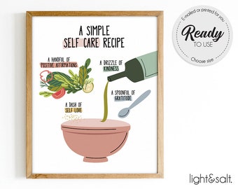 Self care recipe, Note to self, self care poster, Mental health poster, daily affirmation poster, therapist office decor, mindfulness poster