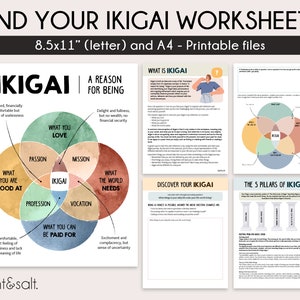 Find your ikigai printable worksheets, ikigai, mental health worksheets, life purpose, life planning, therapy tools, therapy office decor
