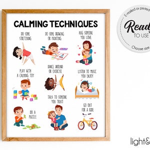 Printable Calming Techniques for Kids, Calming Corner, Calm down corner, Grounding technique, poster, Zones of Regulation, Coping Skills