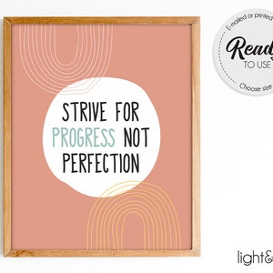Strive for progress not perfection, Growth mindset poster, therapy office decor, CBT poster, Counselor office decor, calm down corner, SEL