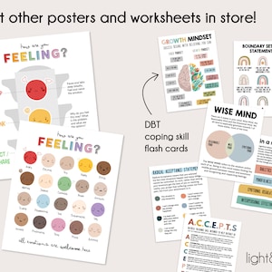 May include: A collection of educational posters and flashcards with the text "how are you FEELING?" and "GROWTH MINDSET." The posters feature colorful illustrations of emotions and coping skills. The text "DBT coping skill flash cards" is also visible.