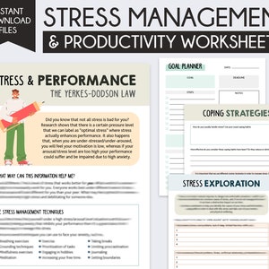 Stress management worksheets, Burnout, Anxiety worksheets, Stress performance curve, productivity worksheets, smart goals, ADHD Productivity