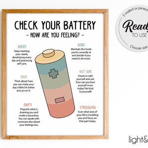 Check your battery poster, feelings chart, emotions poster, mental health poster, School counselor, Therapy Office Decor, calming corner