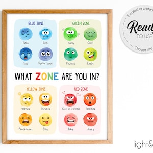 Zones of regulation poster, Feelings poster, Emotions chart, calm corner, Mental health poster, School Counselor, Therapy office decor