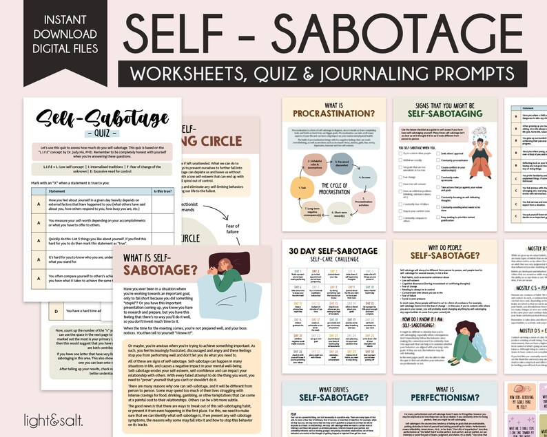 May include: A printable worksheet set for self-sabotage, featuring a quiz, journaling prompts, and a 30-day self-care challenge. The worksheets are illustrated with colorful graphics and text, including the words "Self-Sabotage" and "What is Procrastination?"