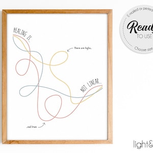Puede incluir: Una impresión enmarcada con el texto "Healing is... Not Linear..." y "...and lows" y "There are highs..." en un diseño minimalista. La obra de arte presenta líneas coloridas entrelazadas en rojo, amarillo y azul sobre un fondo blanco. La impresión está en un marco de madera.