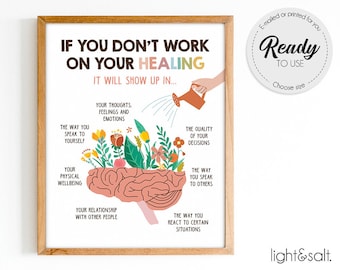 May include: A printable poster with a pink brain illustration and colorful flowers growing from it. The text reads "If you don't work on your healing, it will show up in..." and lists several areas of life where healing can impact, such as thoughts, feelings, self-talk, physical wellbeing, relationships, and reactions to situations.