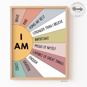 Positive affirmations for kids poster, I am poster, notes to self, feelings poster, calm down corner, Motivational Poster, classroom decor