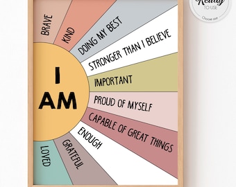Positive affirmations for kids poster, I am poster, notes to self, feelings poster, calm down corner, Motivational Poster, classroom decor