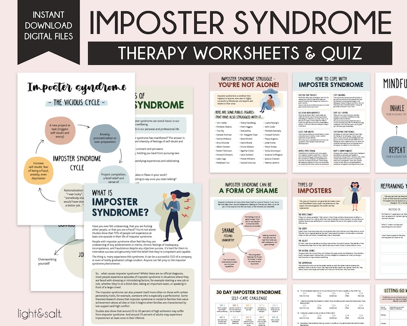May include: A set of printable worksheets and a quiz about imposter syndrome. The worksheets include information about the vicious cycle of imposter syndrome, how to cope with it, and how to reframe negative thoughts. The quiz is designed to help people identify if they are experiencing imposter syndrome.