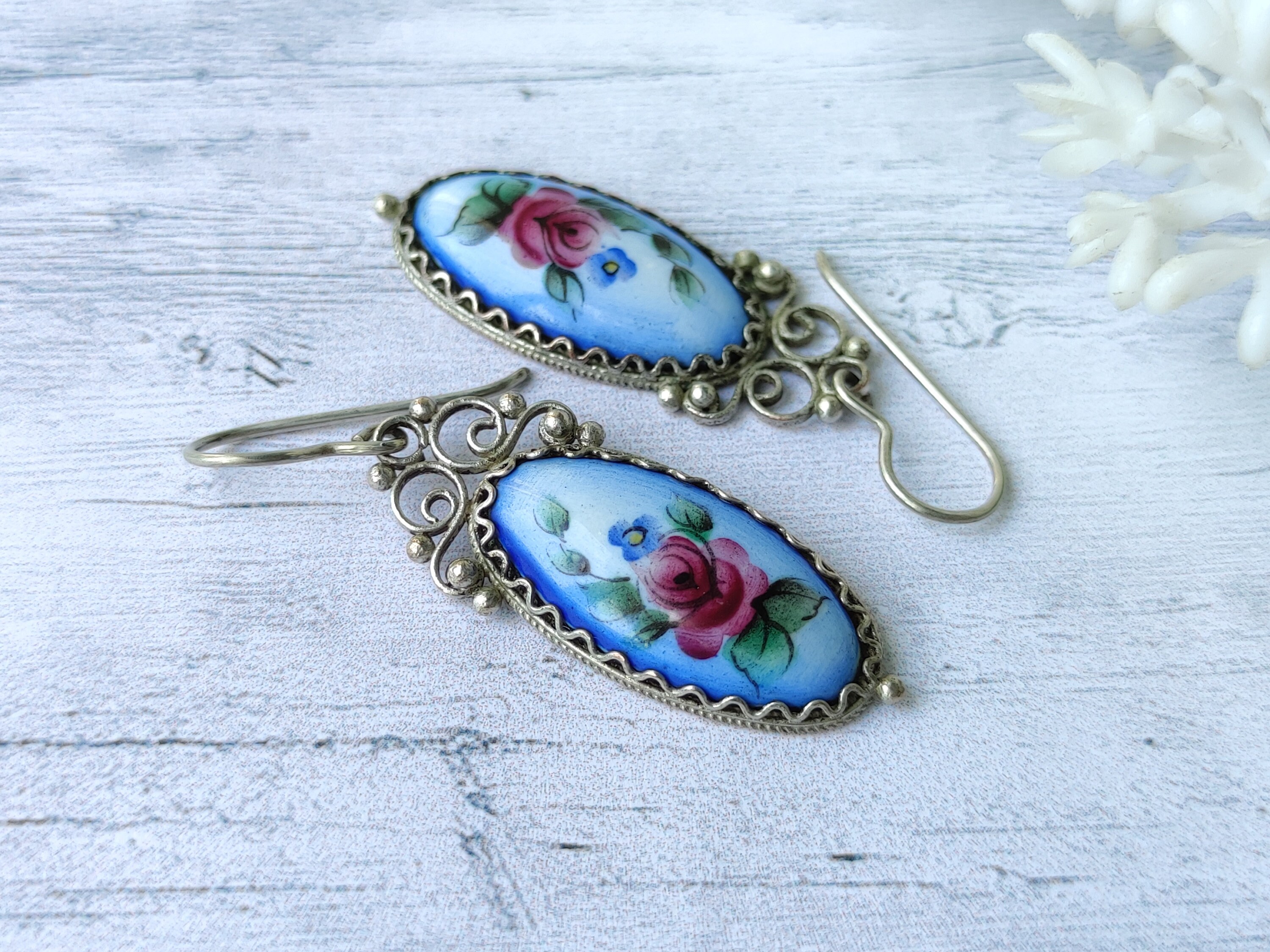 Flower enamel earrings dangle Blue enamel earrings silver | Etsy