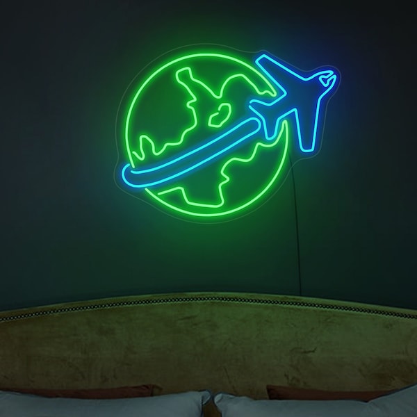 Earth neon sign, Airplane neon sign, Travel neon sign, World neon sign, Globe neon, Globe wall decor, Earth wall decor, Travel agency decor
