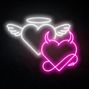 Angel and devil neon,Angel neon sign,Devil neon sign,Heart neon sign,Heart neon light,Angel and devil sign,Neon sign bedroom decor image 2