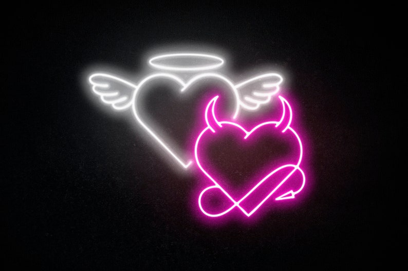 Angel and devil neon,Angel neon sign,Devil neon sign,Heart neon sign,Heart neon light,Angel and devil sign,Neon sign bedroom decor image 2