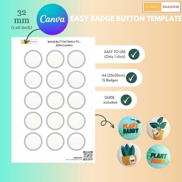 Easy badge button template, pinback button template, Canva template for 32mm/ 1.26 inch buttons.