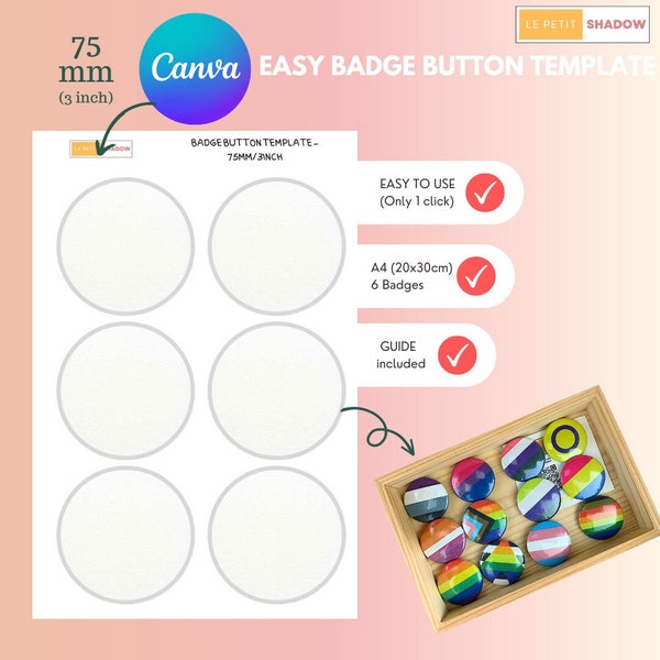 Easy badge button template, pinback button template, Canva template for 75mm/ 3 inch buttons.