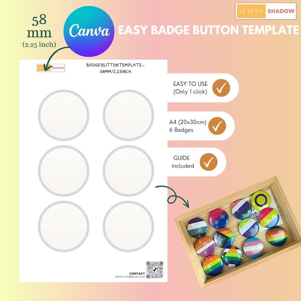 Easy badge button template, pinback button template, Canva template for 58mm/ 2.25 inch buttons.