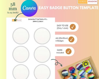 Easy badge button template, pinback button template, Canva template for 58mm/ 2.25 inch buttons.