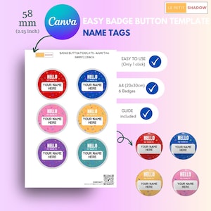Easy editable name tag template badge button, pinback button template, Canva template for 58mm/2.25 inch buttons.