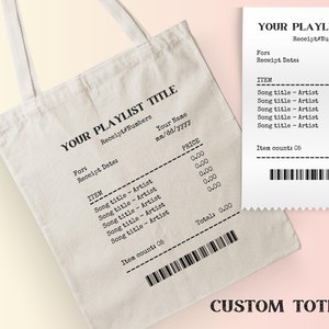 Custom Song Receipt Tote bag. Personalized Music Playlist tote bag. Cute artsy aesthetic tote bag.