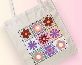 Granny squares Tote bag aesthetic, Printed Flower patchwork Canvas Cotton Tote Bag, Grocery Shopping Bag, Cute Flower tote Bag.