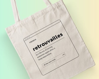 Retrouvailles Français définition du mot Sac fourre-tout, Sac fourre-tout esthétique minimaliste, Sac fourre-tout en toile de typographie artistique mignonne, Sac fourre-tout moderniste