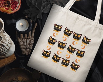 Artsy black cat tote bag, Witchy Black cat aesthetic canvas cotton tote bag, Grocery Shopping Bag, Casual Shoulder Bag for Cat Lovers