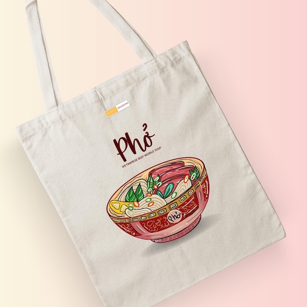 Sac fourre-tout artistique artistique, sac fourre-tout en toile vietnamienne pour soupe de nouilles au bœuf pho, sac décontracté pour amoureux de la bouffe, sac fourre-tout pour les enseignants et les étudiants.