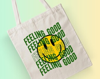 Feeling Good Tote Bag, Smiley Positive Canvas Tote Bag, Cute Artsy Aesthetic Tote Bag, Green Reusable Grocery Shopping Bag