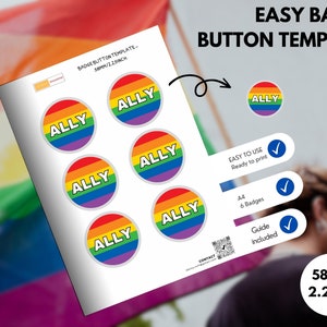 Mall för HBTQ+-knapp med allierad, enkel mall för märkesknapp, mall för Pride-flagga med nål, utskrivbar mall för 58 mm/2,25 tum.