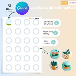 Easy badge button template, pinback button template, Canva template for 25mm/1 inch buttons.