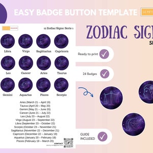 Easy badge button template for 12 Zodiac Signs, Galaxy Background Seire 1, Pinback button template for 25mm/1 inch buttons.